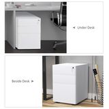 3-Drawer Lockable Mobile Metal Filing Cabinet with Wheels – Under-Desk Office Storage, White