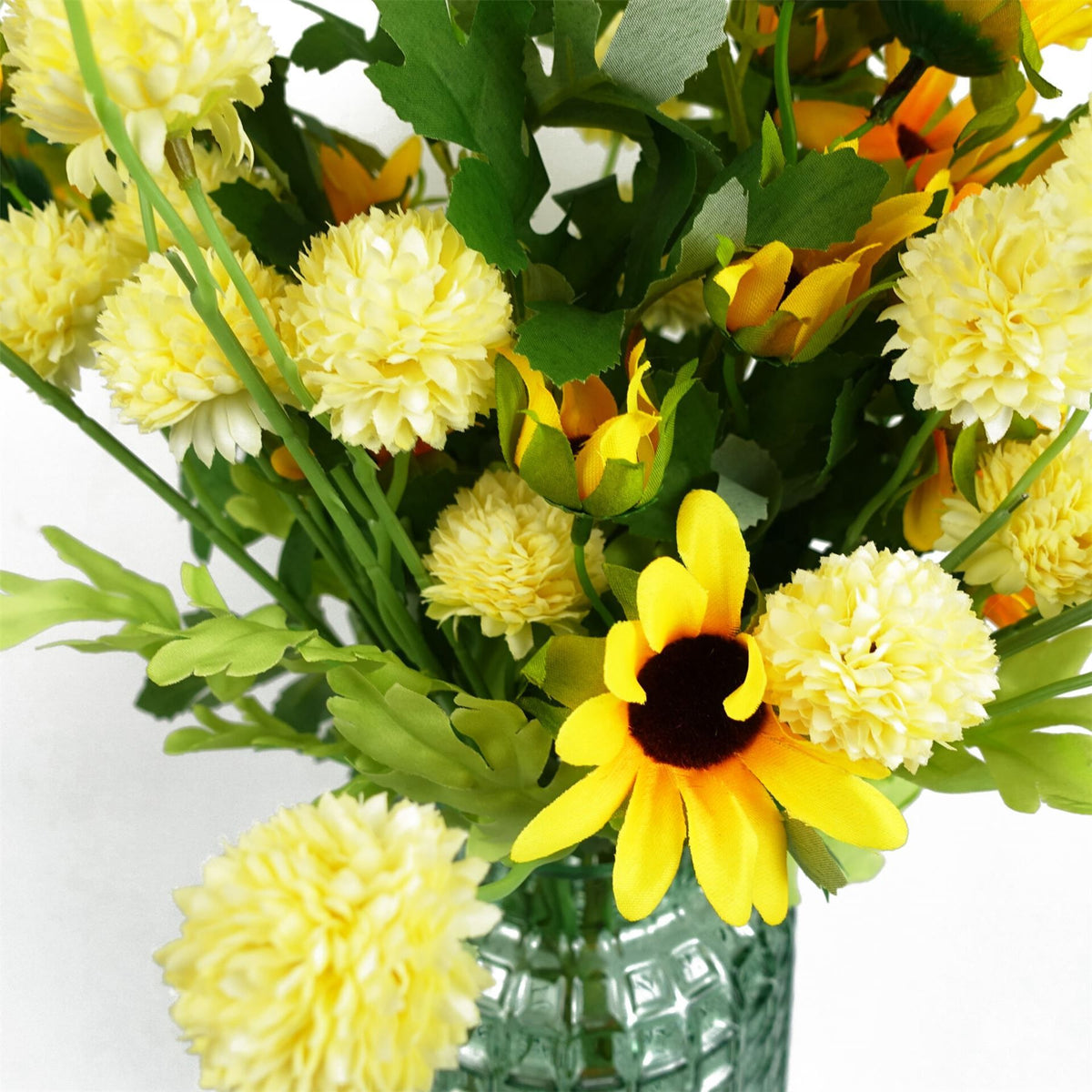 Leaf Dahlia Pompom Artificial Flower Stem with Five Blooms and Wired Stem – 50cm Home Decor, Yellow