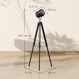 HOMCOM Industrial Wooden Tripod Spotlight Floor Lamp with Adjustable Height & Head – Living Room, Black