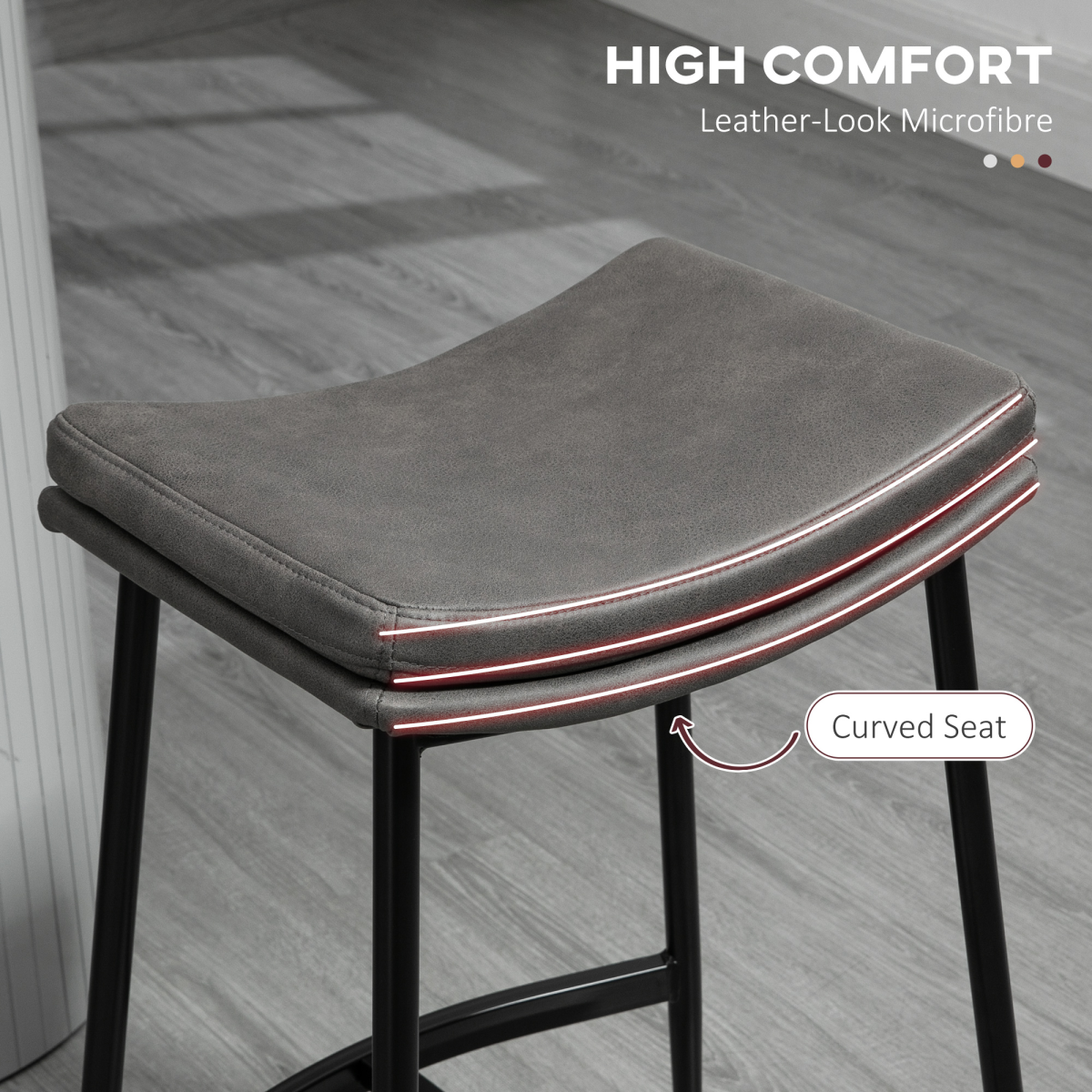 HOMCOM Upholstered Breakfast Bar Stools with Curved Seats & Footrest – Set of 2 Kitchen Stools, Grey