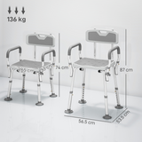 HOMCOM Padded Shower Stool with Arms, Back & 4 Suction Foot Pads – Height Adjustable Bath Seat, Grey