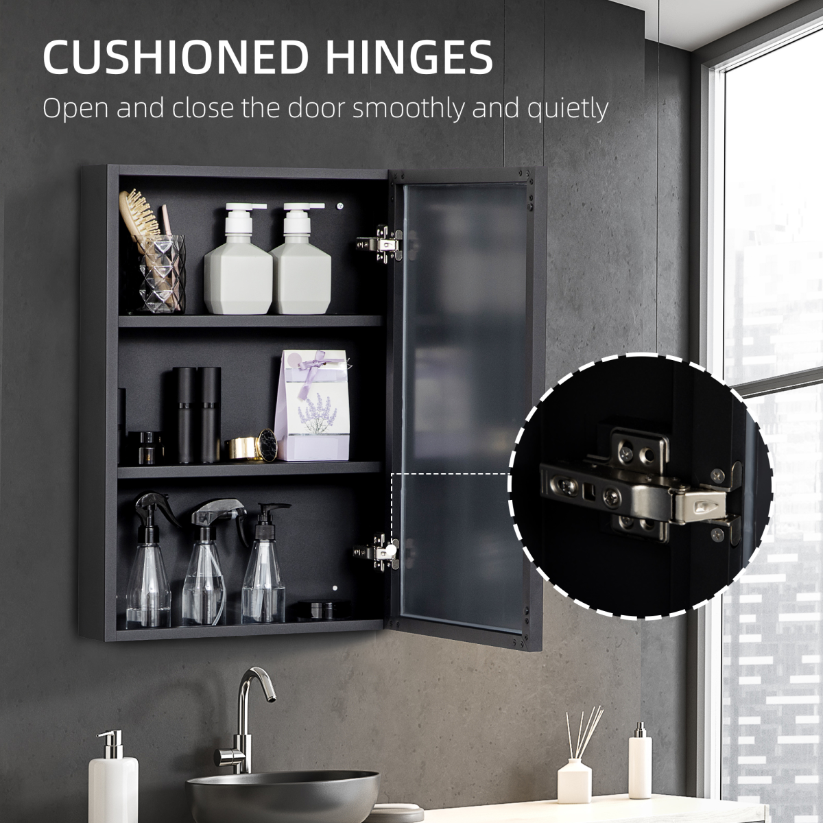 Stainless Steel Bathroom Mirror Cabinet with 3-Tier Shelves – Wall Storage for Toiletries, Jet Black