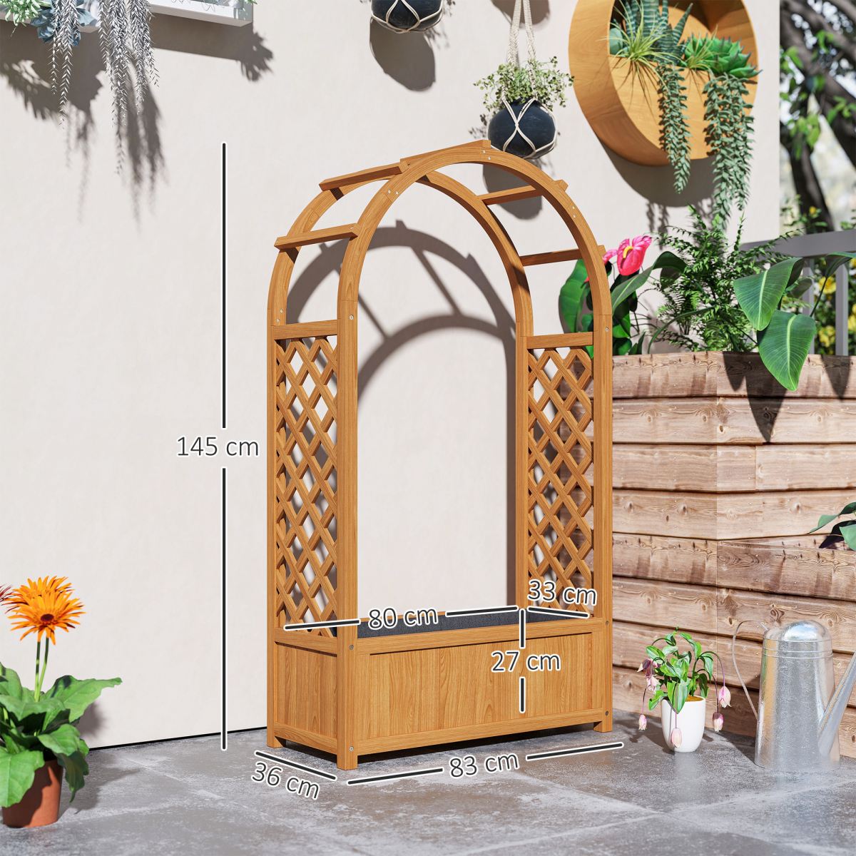 Outsunny Wooden Raised Garden Bed with Side & Arch Trellises, Drainage Holes & Fabric Liner – Fir Wood