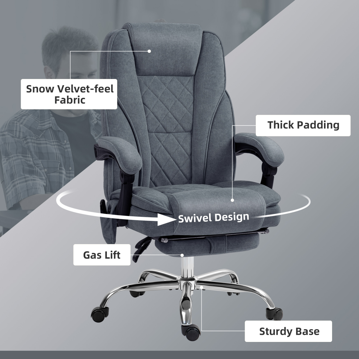 Heated Massage Office Chair with Footrest, Remote & 135° Recline – Home Office Relaxation Chair, Dark Grey Velvet