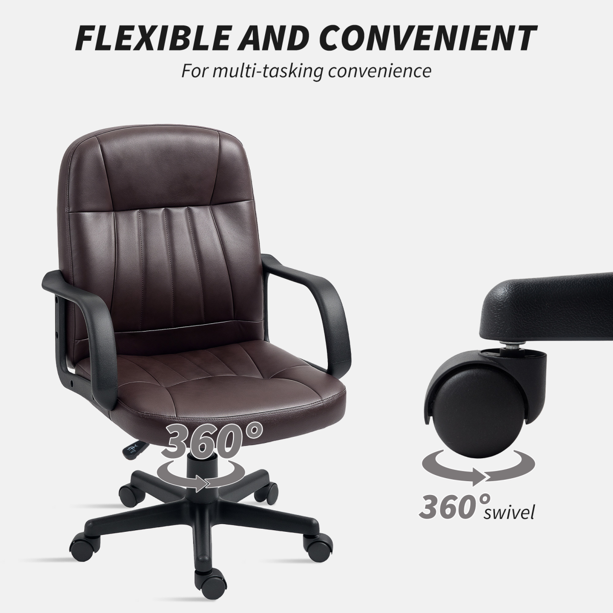 HOMCOM PU Leather Mid-Back Swivel Office Chair with 360° Swivel & Five Castors – Home Office Desk Chair, Dark Brown