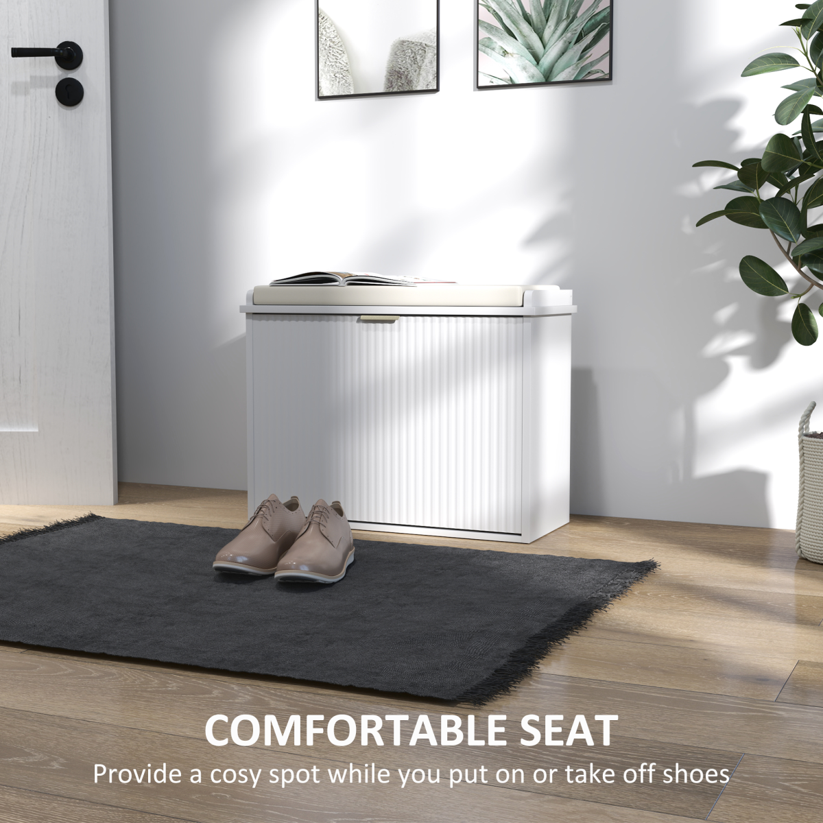Shoe Storage Bench with Cushioned Seat & Drawer for 6 Pairs – 62cm Hallway Shoe Cabinet, White and Beige
