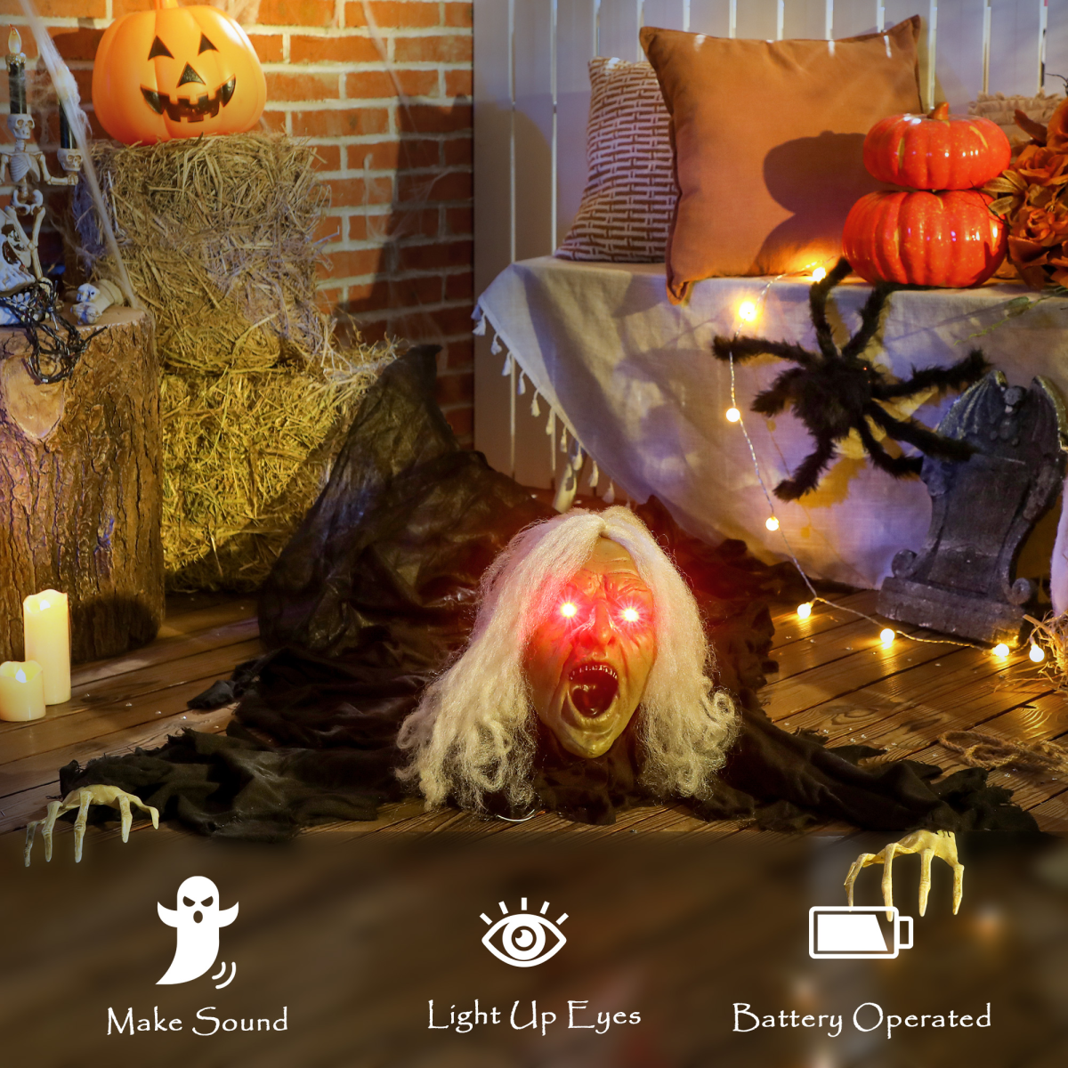 Outsunny 183cm Life Size Zombie Old Lady Halloween Decoration with Sound & Light-Up Eyes – Black