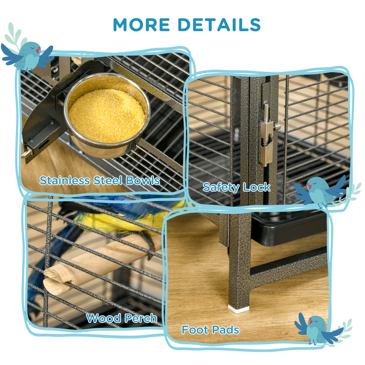 Wrought Iron Bird Cage with 4 Access Doors, Wooden Perch & Removable Tray – Portable Metal Cage with 2 Stainless Steel Bowls, Black