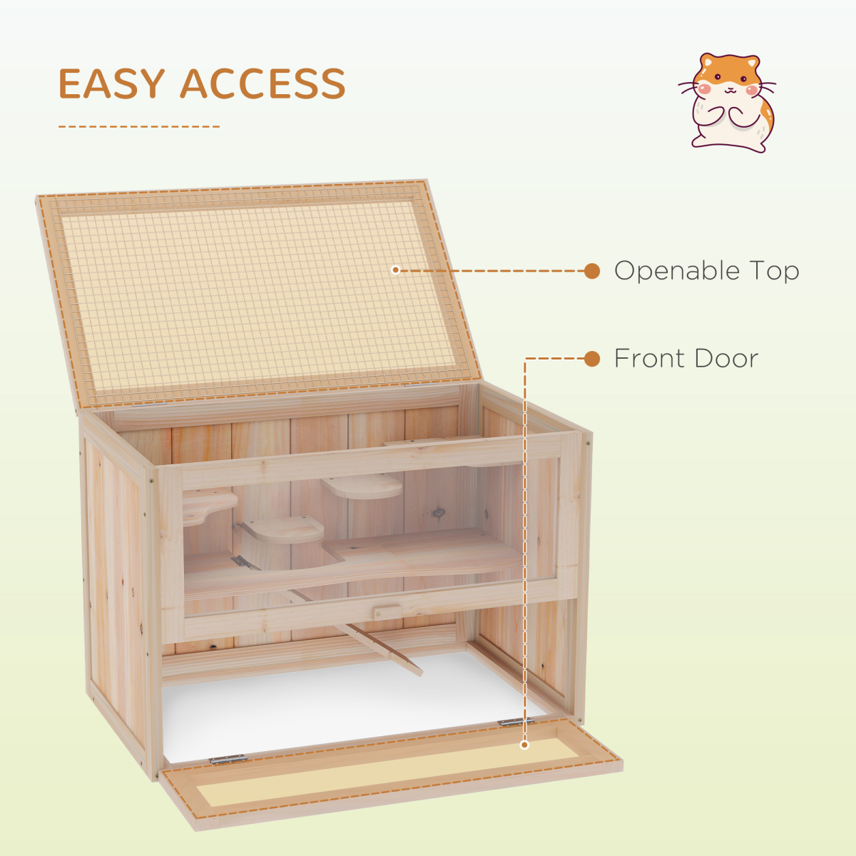 PawHut Wooden Hamster Cage with 2 Levels, Openable Mesh Roof & Ramp – Small Animal Hutch, 60 x 35 x 42cm