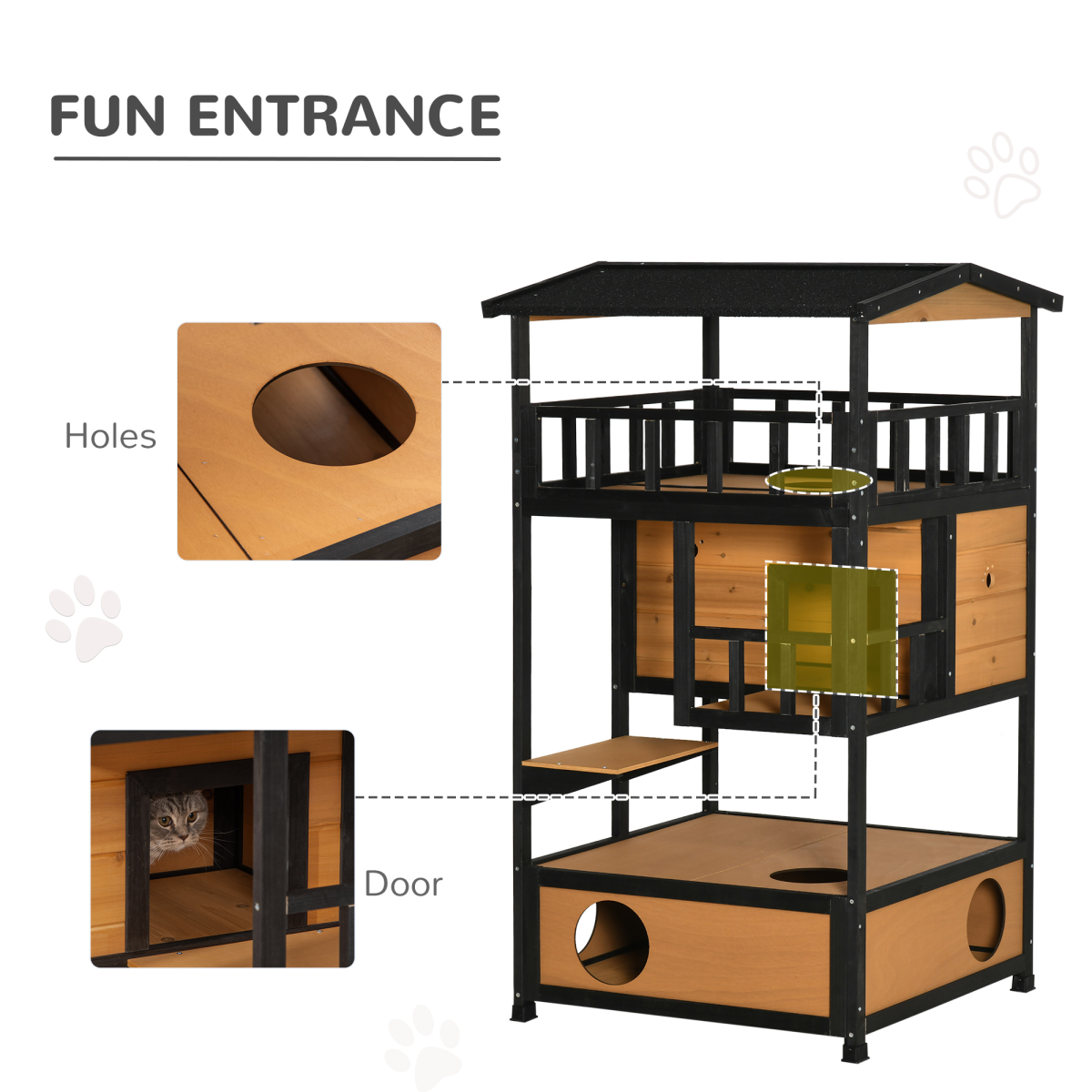PawHut Wooden Outdoor Cat House with 3 Tiers, Tilted Roof and Balconies – Kitten Shelter, Yellow