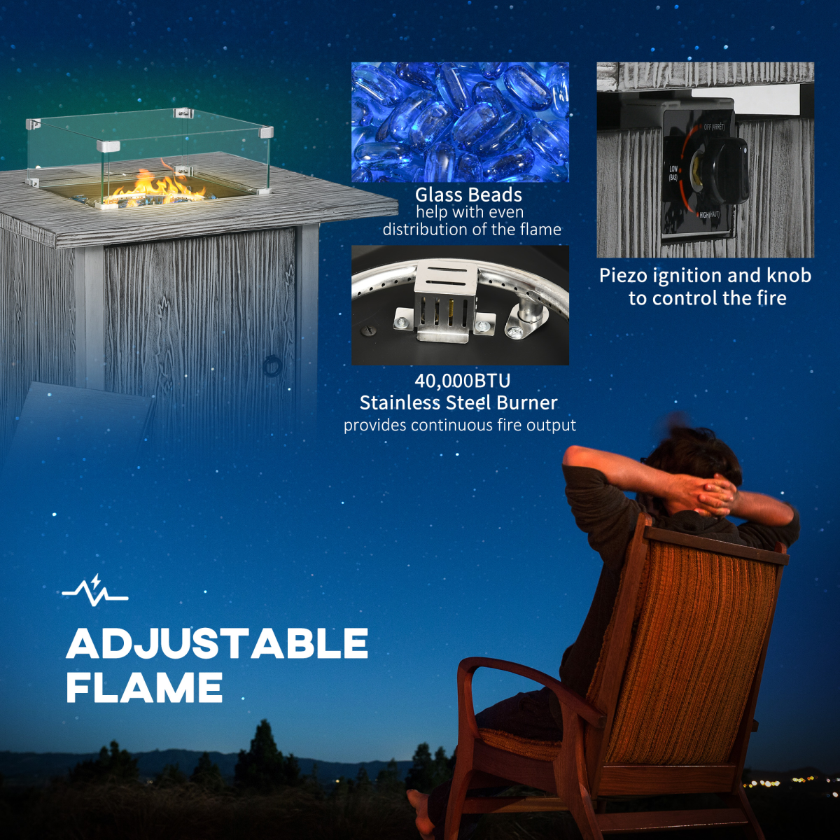 Outsunny 50,000 BTU Propane Gas Fire Pit Table with Waterproof Cover and Glass Screen, Wood-Effect Grey
