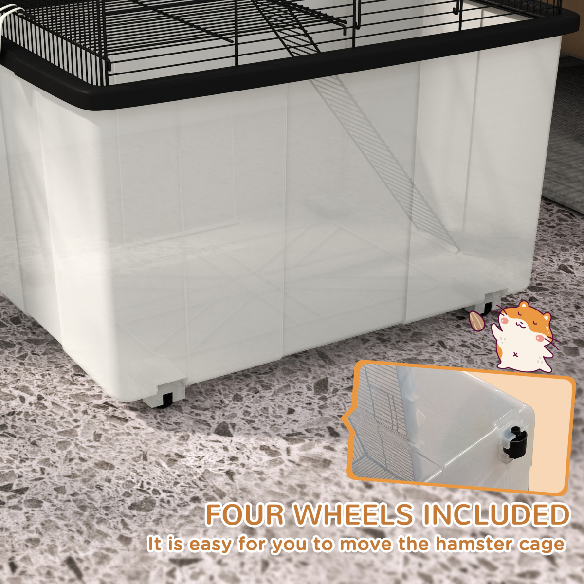 PawHut Two-Tier Hamster Cage with Deep Base, Ramp & Food Dish – Gerbil & Syrian Hamster Home on Wheels, Black