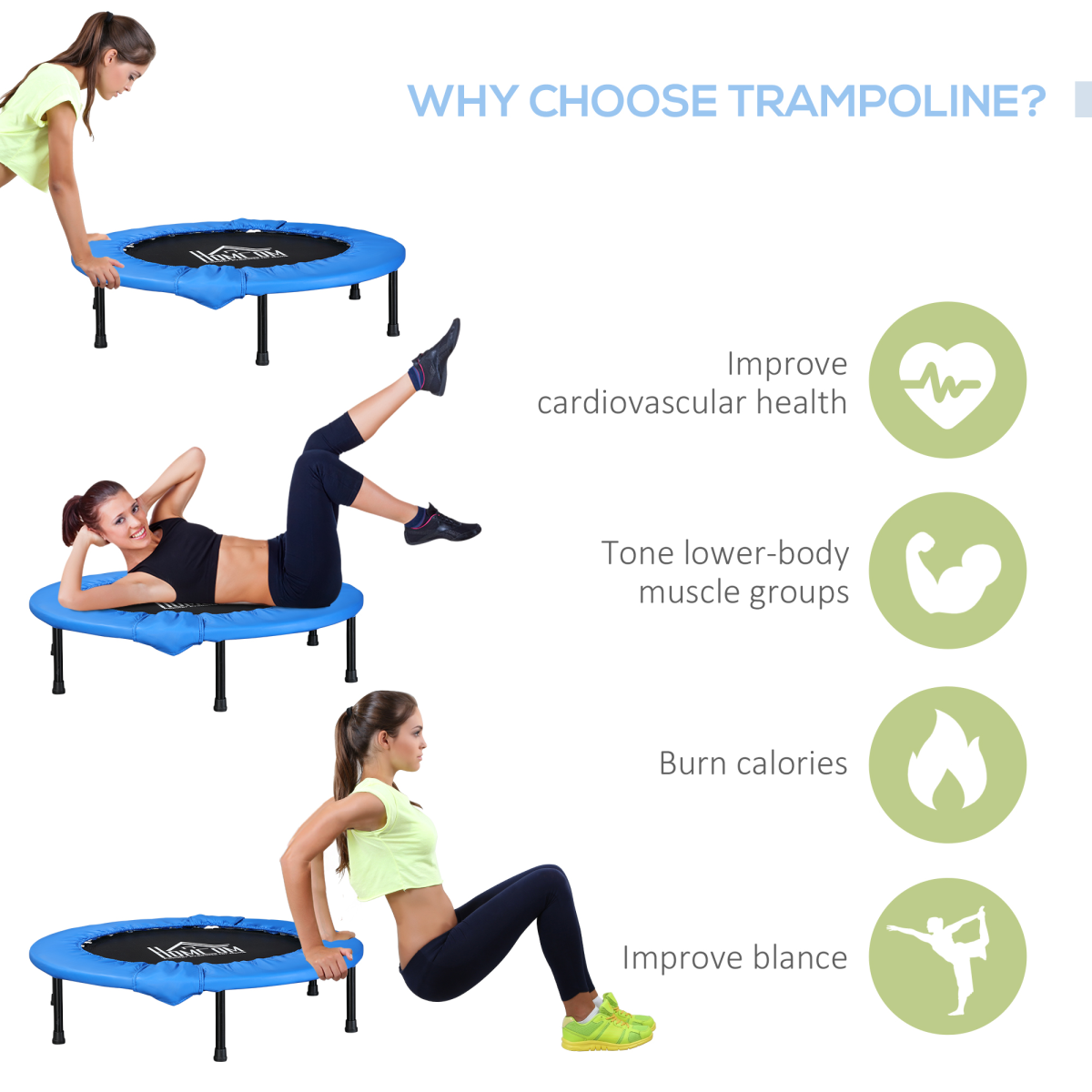 HOMCOM Foldable Mini Fitness Trampoline, 96cm with 32 Springs – Indoor & Outdoor Exercise Rebounder, Blue