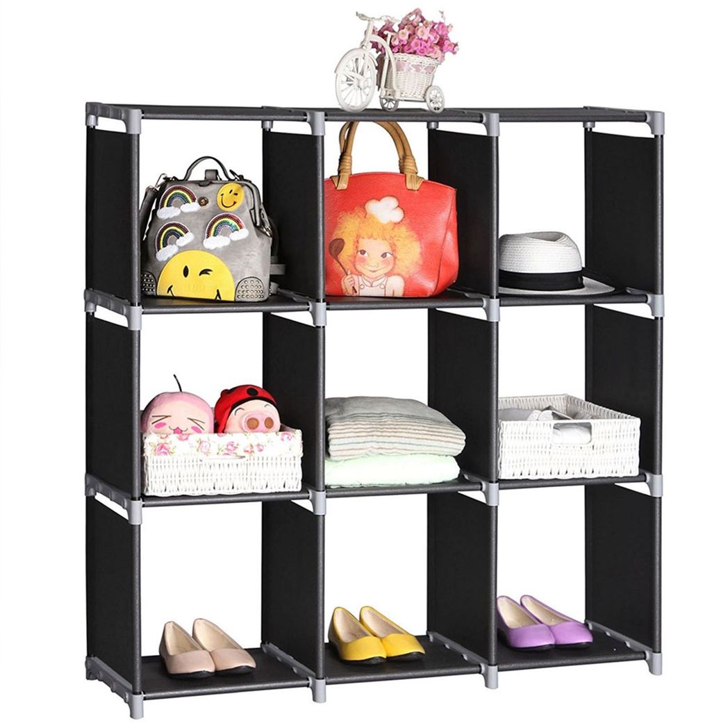 3-Tier 9-Compartment Storage Shelf with Steel Frame & Fabric Cubes – Bathroom Organiser, Black