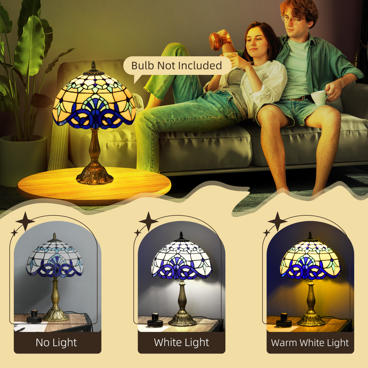 HOMCOM Stained Glass Table Lamp with E27 Fitting – Handcrafted Bedside Lamp for Bedroom, Blue and White