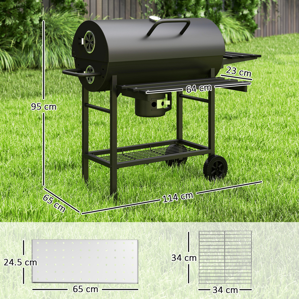 Outsunny Charcoal BBQ Grill with Warming Rack, Thermometer and Foldable Side Tables on Wheels – Garden Barbecue, Black