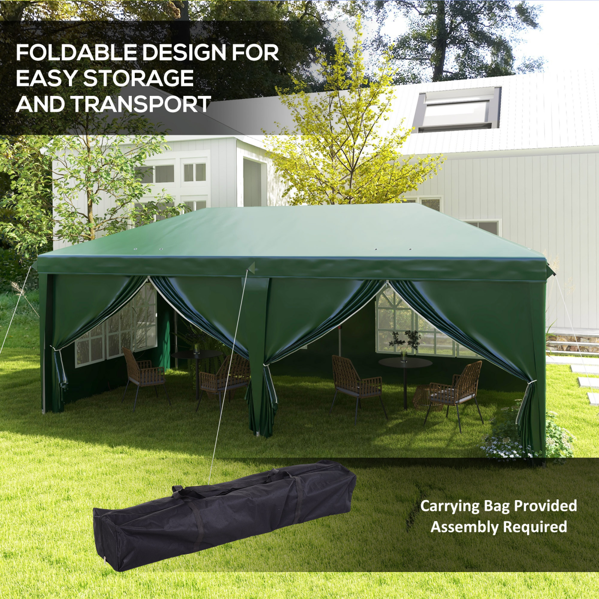 Outsunny 3 x 6m Pop-Up Gazebo Party Tent with 6 Removable Sidewalls & Carry Bag – Steel Frame Marquee, Green