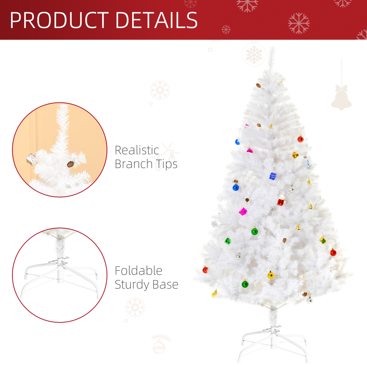 HOMCOM 6ft Artificial Snow Christmas Tree with Metal Stand and Decorations – Elegant Faux White Tree