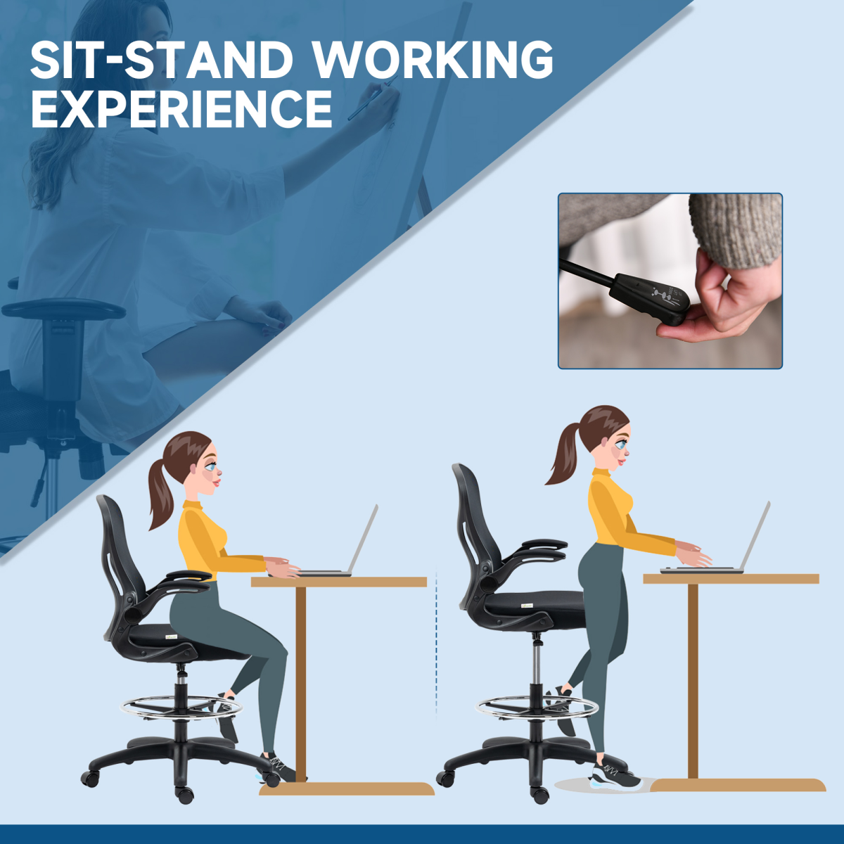 Vinsetto Tall Draughtsman Chair with Flip-Up Arms & Footrest Ring – Drafting Stool, Black