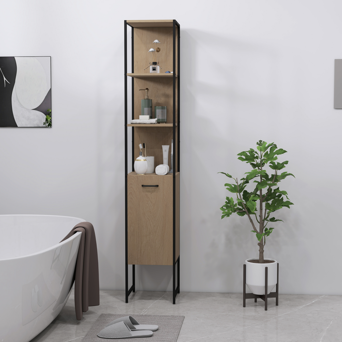 White Bathroom Storage Cabinet with Open & Closed Compartments – Adjustable Shelf, Freestanding Organiser