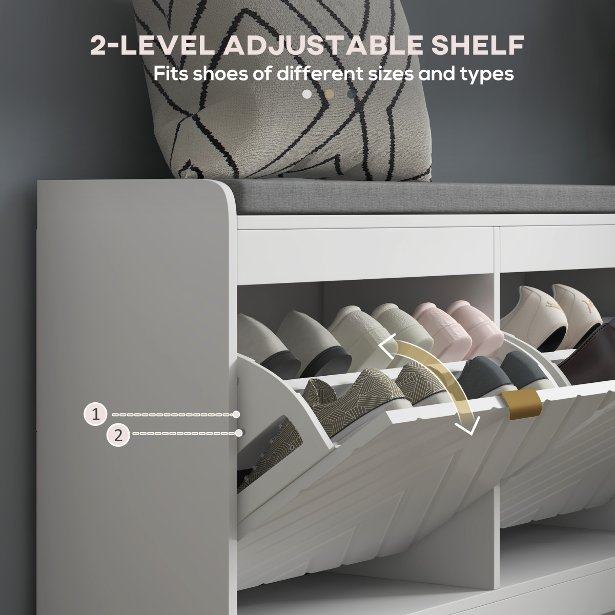 HOMCOM Shoe Bench with 2 Flip Drawers & Padded Cushion – 8 Pairs Hallway Seating & Storage, White