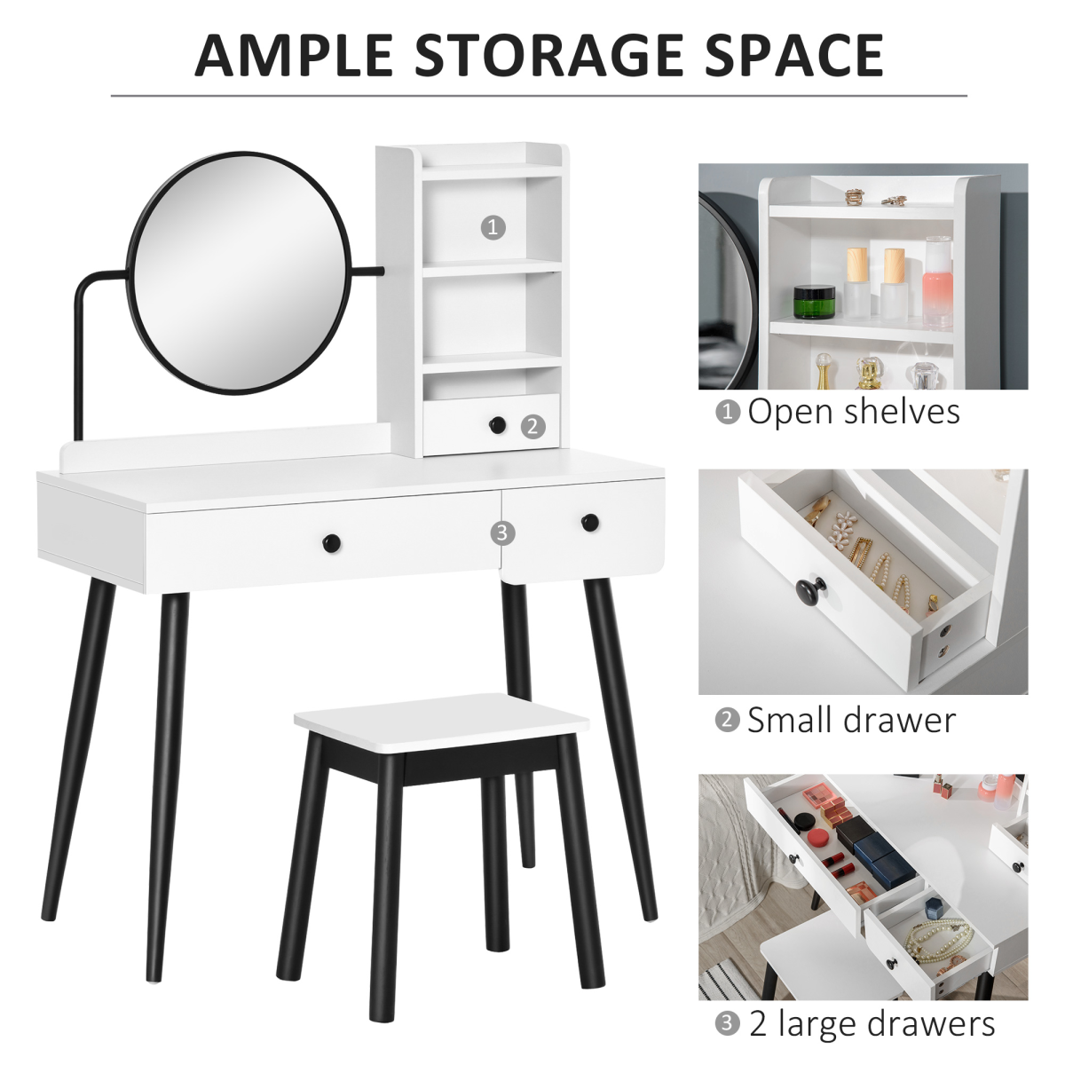 Dressing Table Set with 3 Drawers, Side Shelves, Mirror & Matching Stool – Bedroom Vanity, White