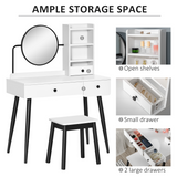 Dressing Table Set with 3 Drawers, Side Shelves, Mirror & Matching Stool – Bedroom Vanity, White