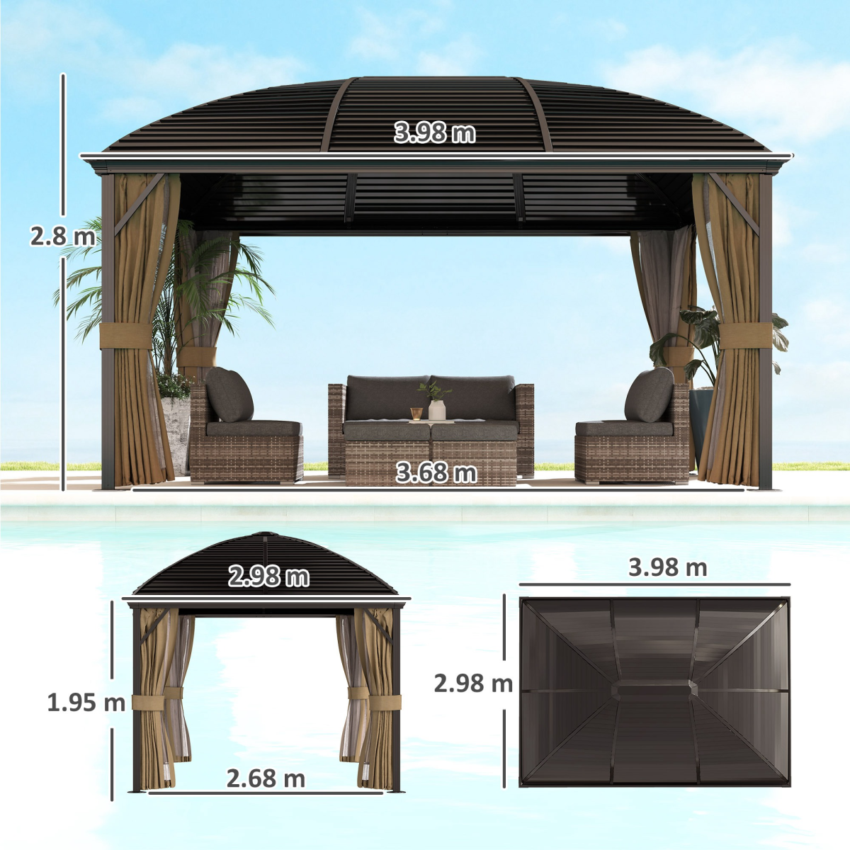 Outsunny 3x4m Hardtop Gazebo with Curtains & Mosquito Netting – Aluminium Frame Garden Pavilion, Brown/Bronze