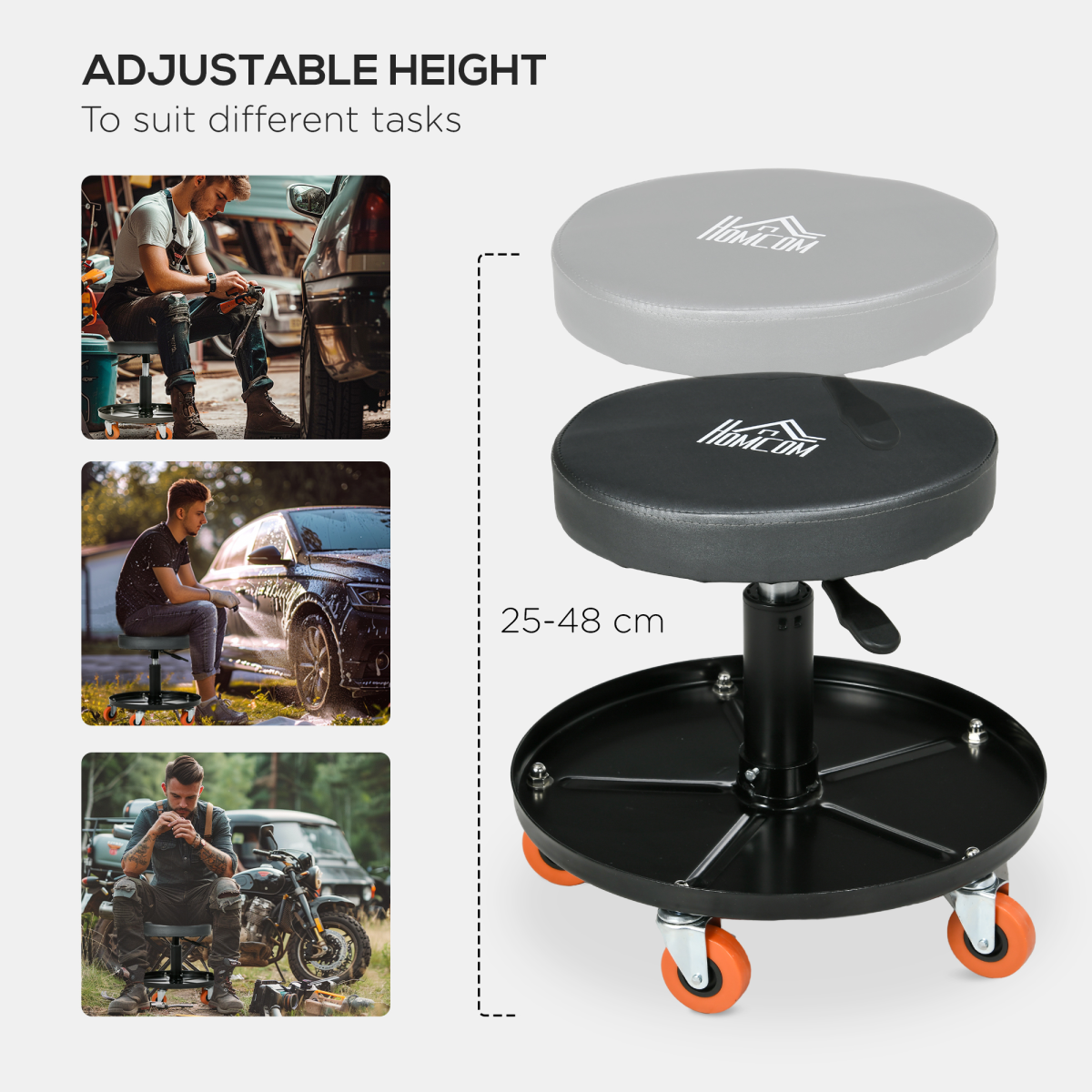 HOMCOM Pneumatic Adjustable Mechanic Stool with Tool Tray and Wheels – Workshop Seat, Black