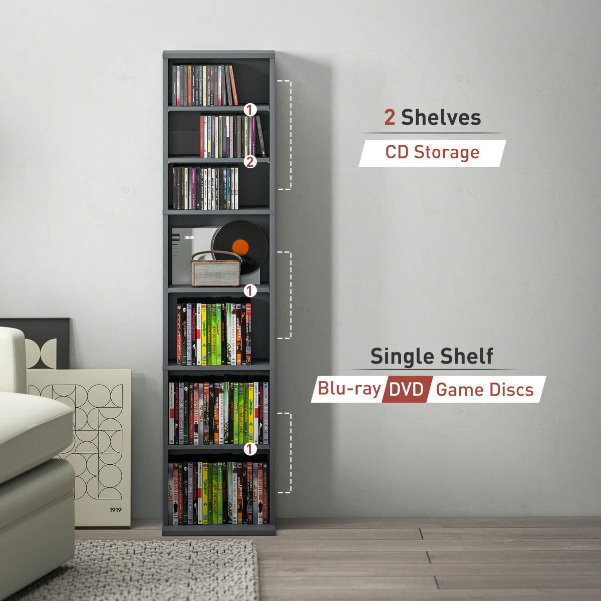 Tall Narrow Bookcase Storage Cabinet for 260 CDs / 120 DVDs – Slim Bookshelf with Anti-Tipping Straps, Grey