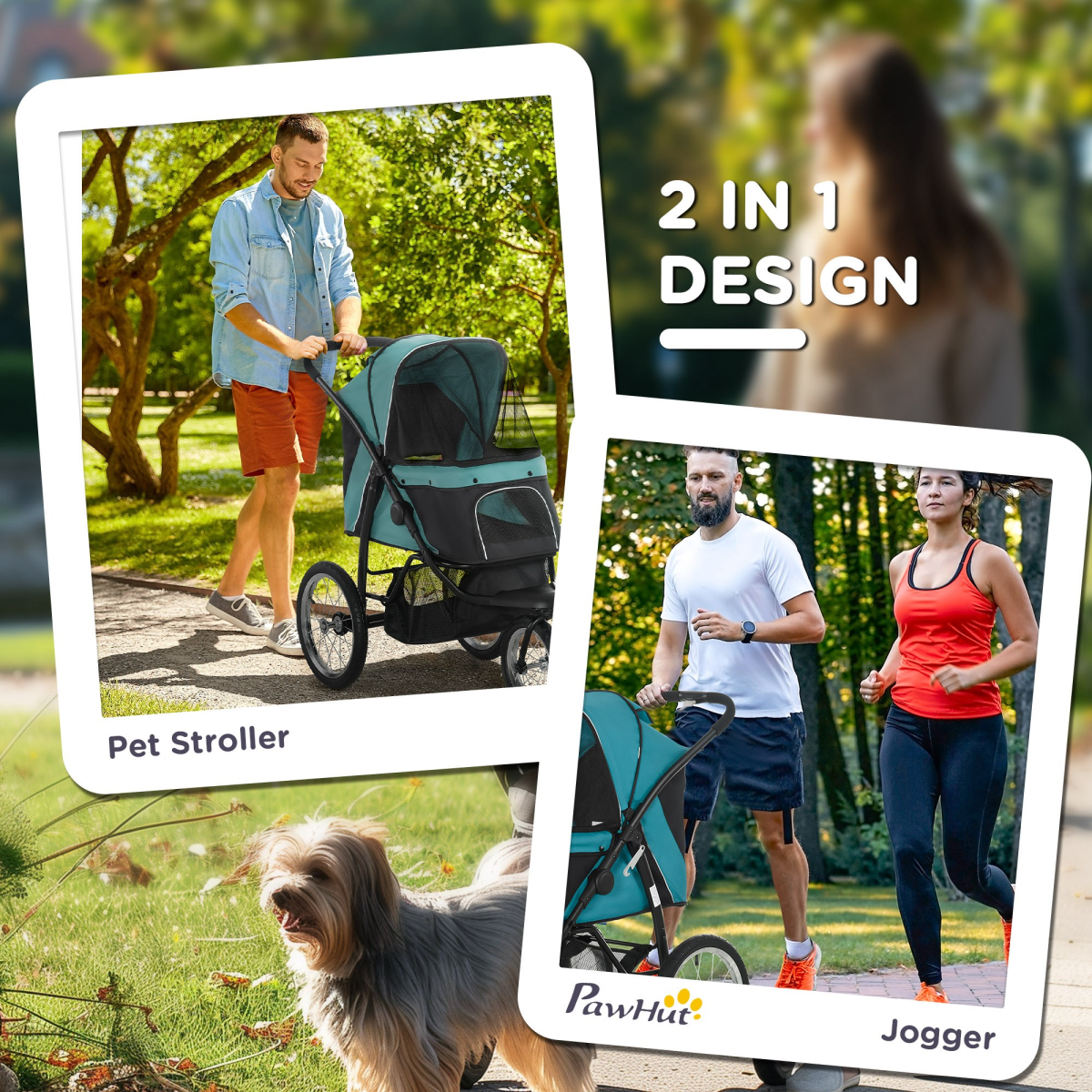 PawHut 3 Wheel Pet Stroller for Small & Medium Dogs with Canopy & Storage – Foldable Cat Pram, Green