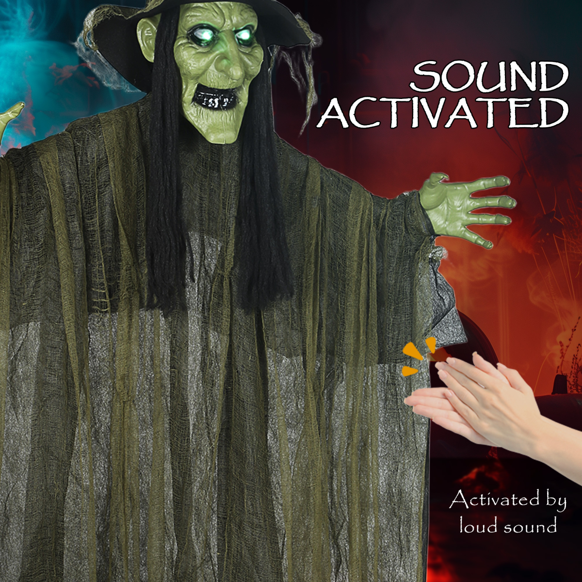 Outsunny Voice Activated Halloween Animatronic Hanging Witch – 170 cm Life-Size Decoration, Green
