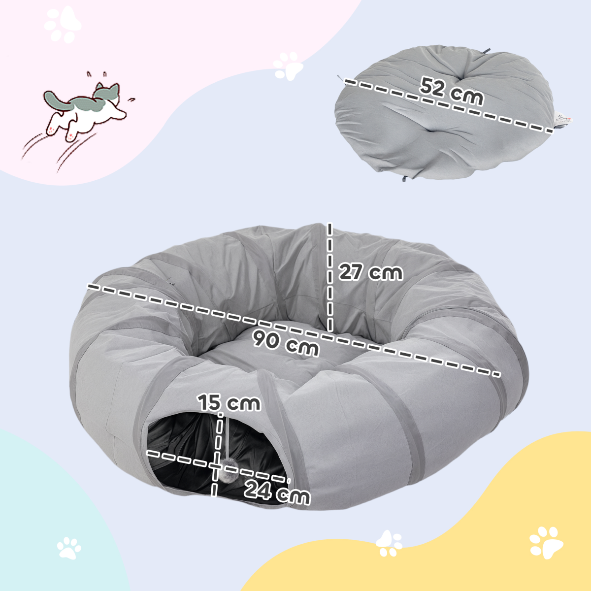 PawHut 2-in-1 Cat Tunnel with Bed, Zip-Together Play Tunnel with Hanging Toy Ball for Indoor Cats, Grey
