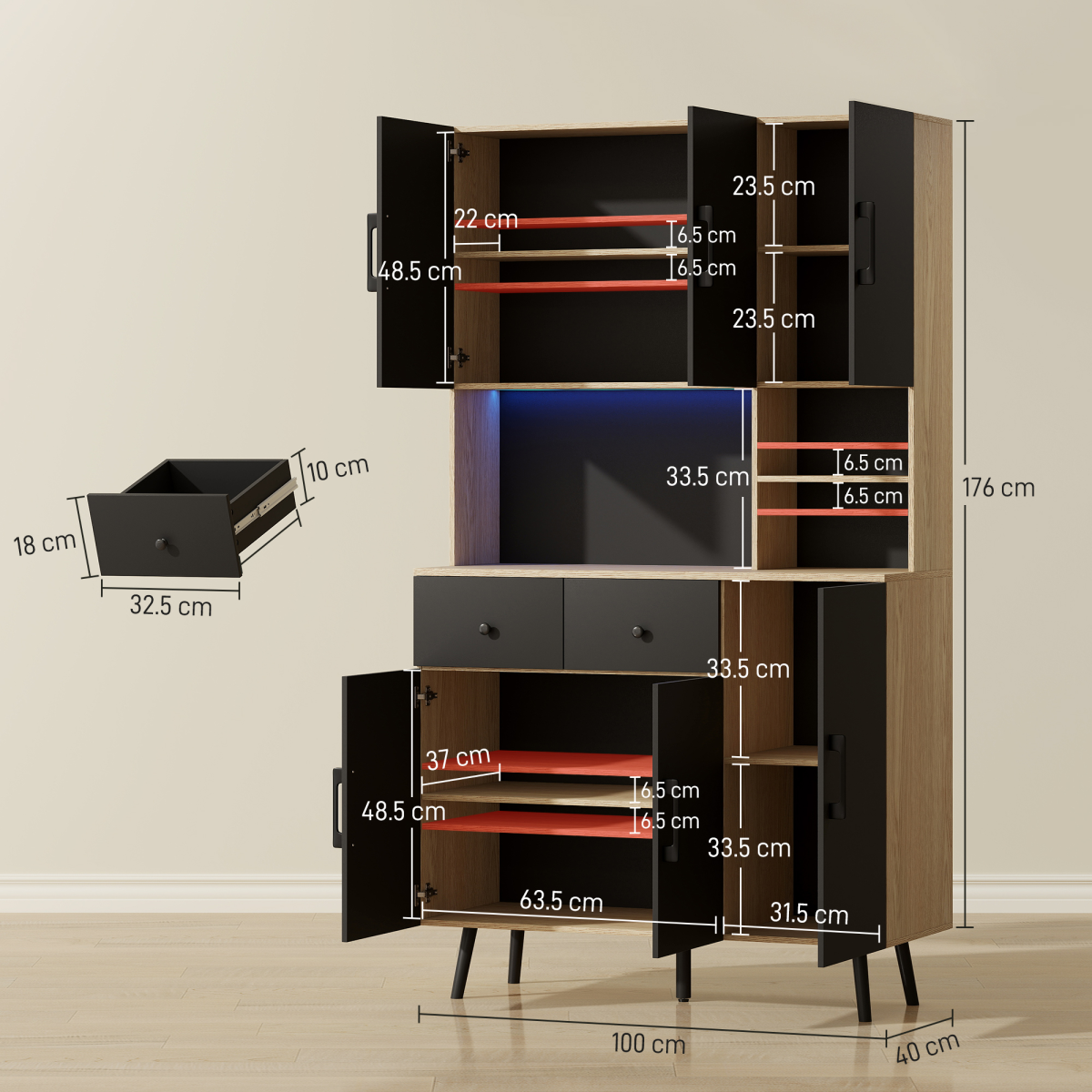 HOMCOM Tall Kitchen Cupboard with USB RGB LED Lights & Adjustable Shelves – Pantry Storage, Oak