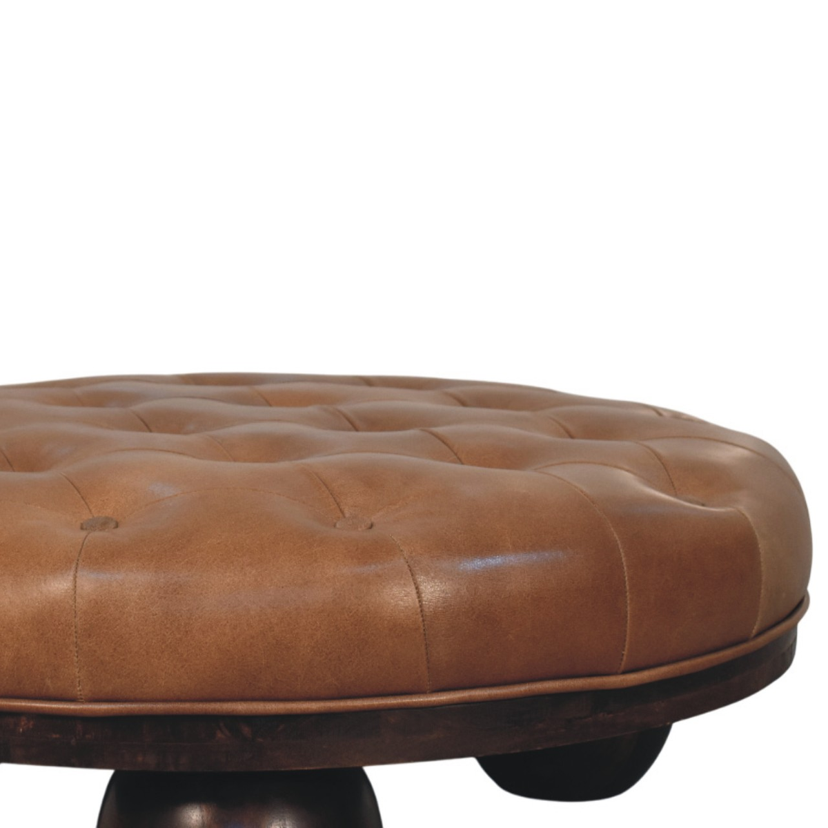 Artisan Furniture Solid Wood Sfera Coffee Table, Brown Leather Tufted Top & Ball Feet – California Walnut