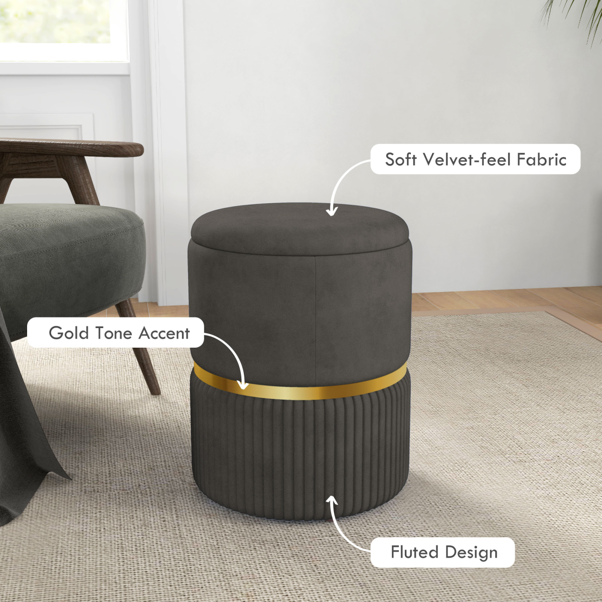 HOMCOM Fluted Round Storage Pouffe with Cushioned Lift-Off Top – Footstool, Shoe Stool and Makeup Seat