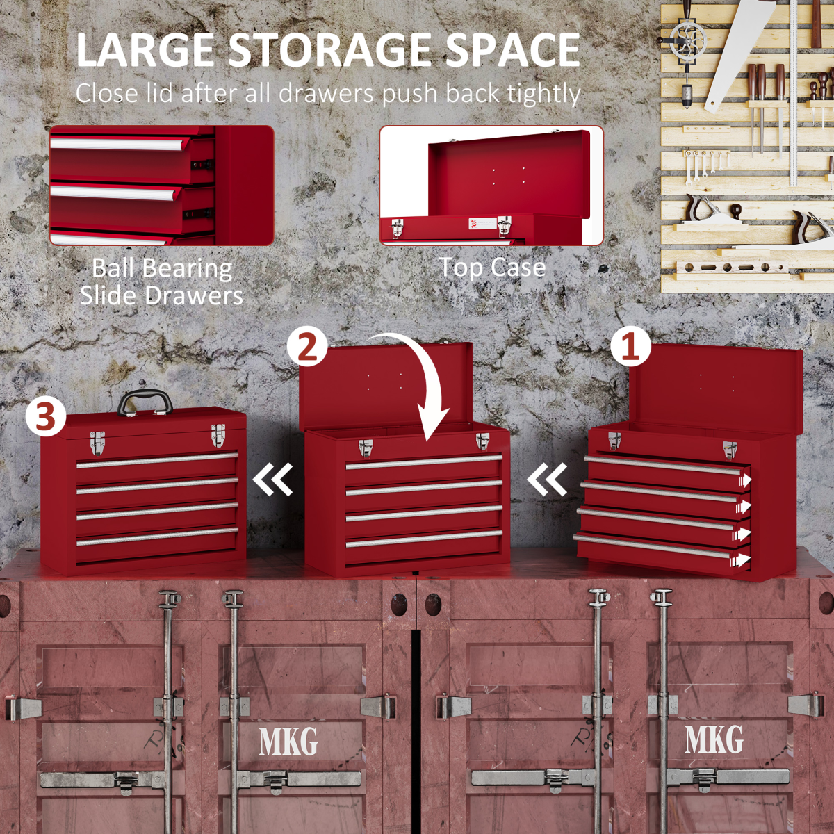 DURHAND Lockable 4-Drawer Steel Tool Chest with Ball Bearing Slides and Top Compartment, Red