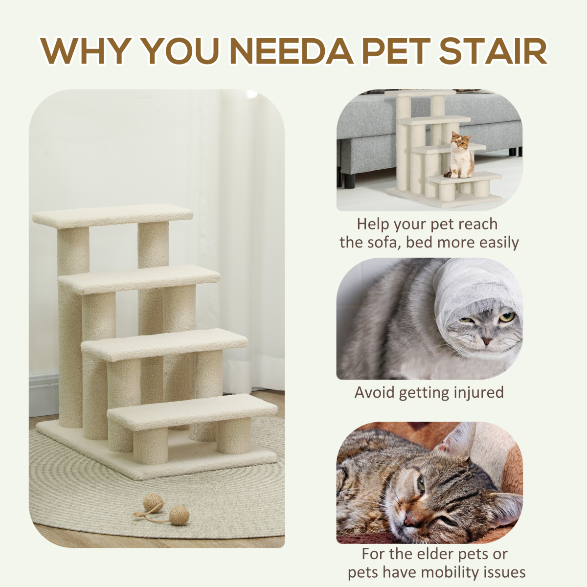 Pawhut Pet Ramp Stairs with 4 Steps and Faux Fur Cover – Cat and Dog Climbing Steps, Brown
