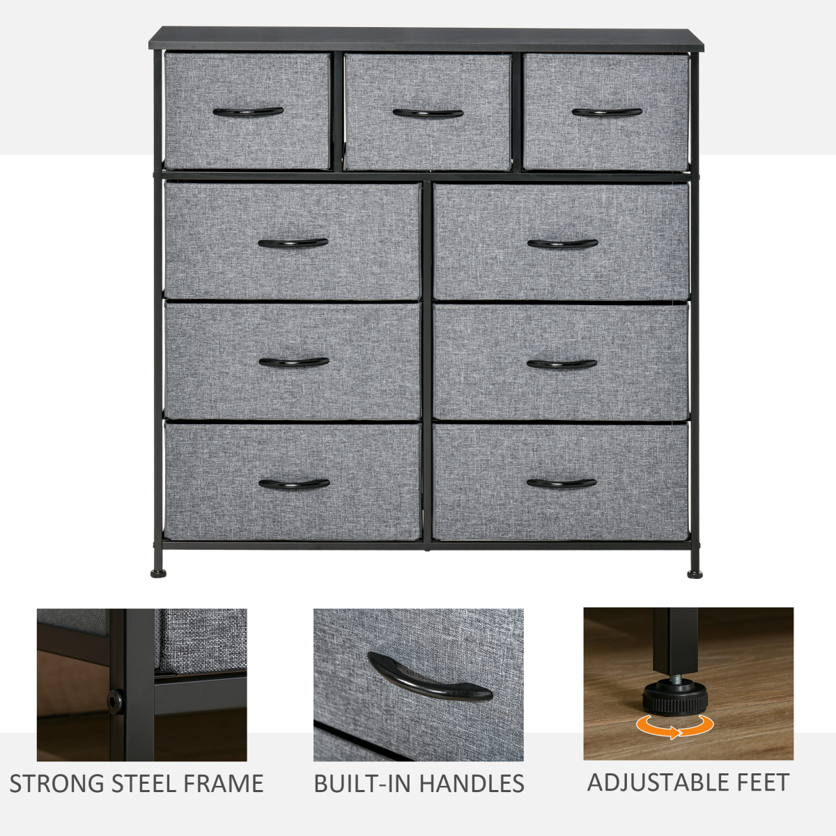HOMCOM 9 Drawer Storage Chest with Foldable Fabric Bins – Lightweight Organiser for Bedrooms & Playrooms