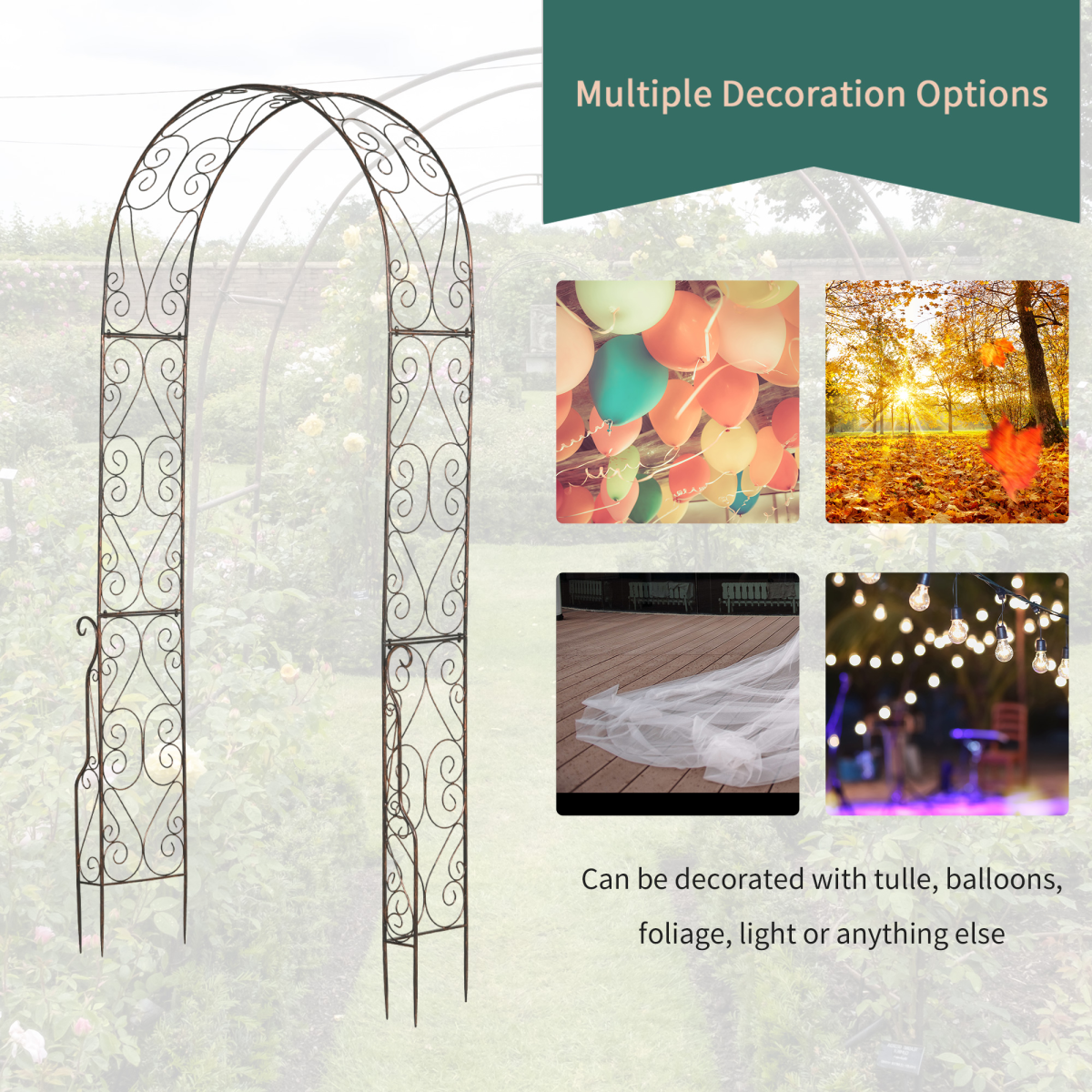 Outsunny Metal Garden Arch with Scroll Design, 226cm High – Climbing Plant Arbour for Weddings & Patios