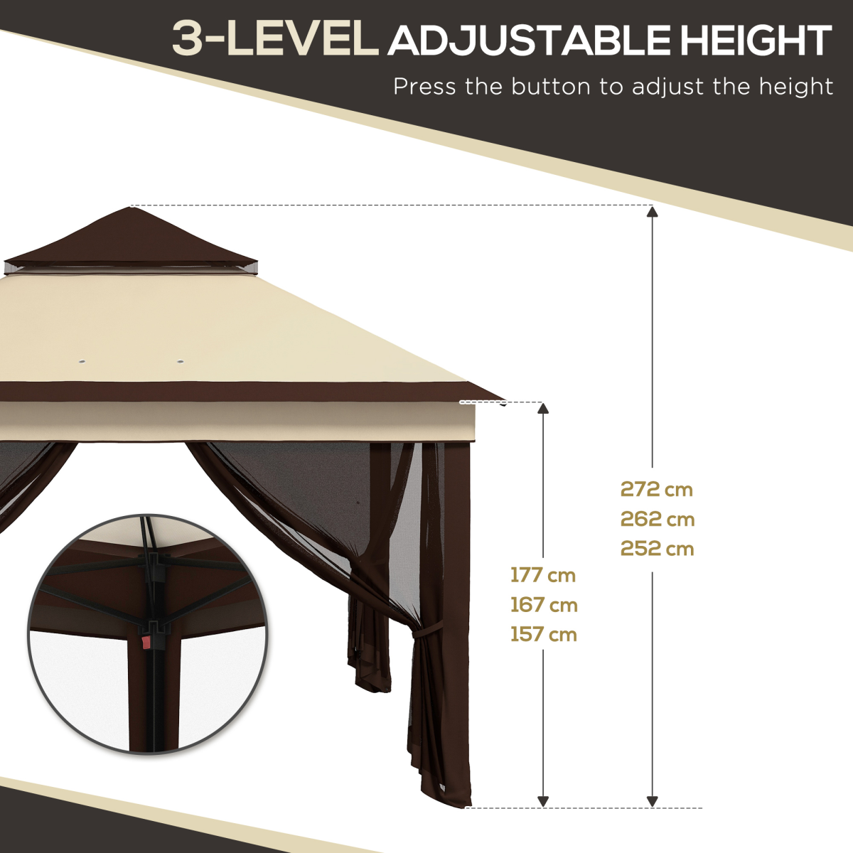 Outsunny 3x3m Pop Up Gazebo with UV30+ Canopy, Mesh Curtains & Adjustable Height – Garden Shelter, Beige