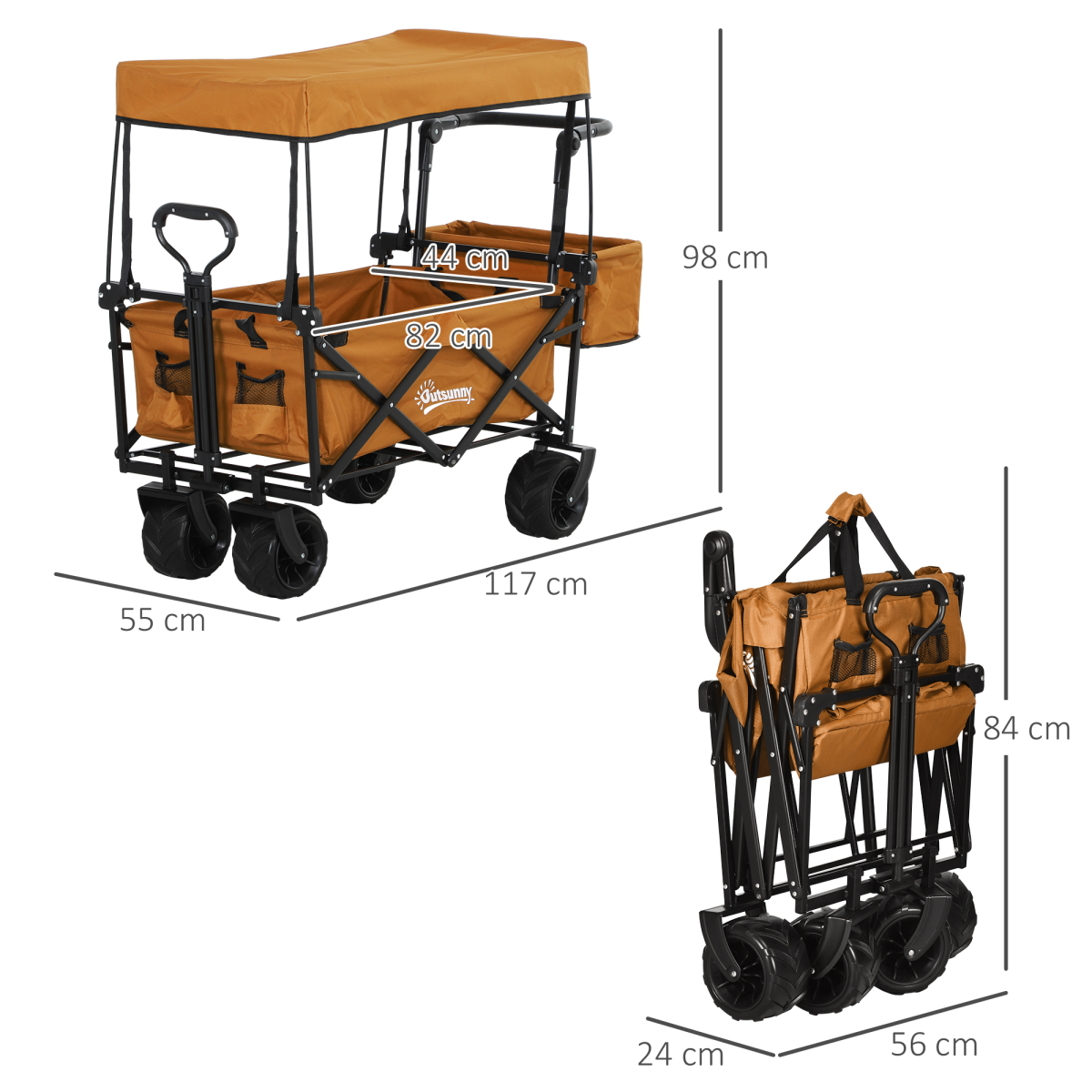 Outsunny Folding Utility Cart with Canopy, 68kg Capacity, Steel Frame & EVA Wheels – Garden Trolley, Orange