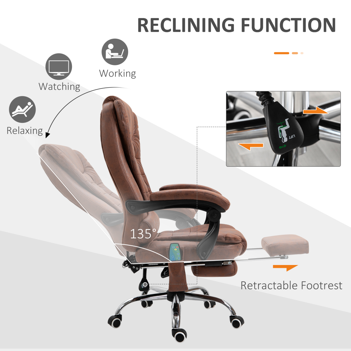 Vinsetto Heated Massage Office Chair with 6 Vibration Points & Footrest – Reclining Home Office Chair, Brown
