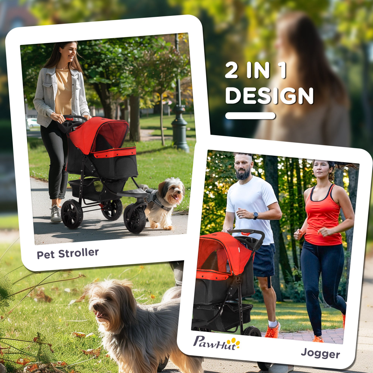 PawHut Folding 3-Wheel Pet Stroller with Adjustable Canopy, Brake and Storage Basket – Small Dog Pushchair