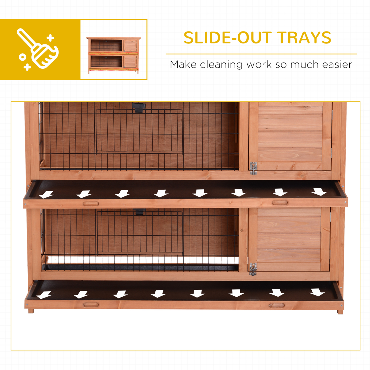 2-in-1 Wooden Rabbit Hutch with Asphalt Roof, 4 Doors & Removable Trays – Small Animal Cage, Orange