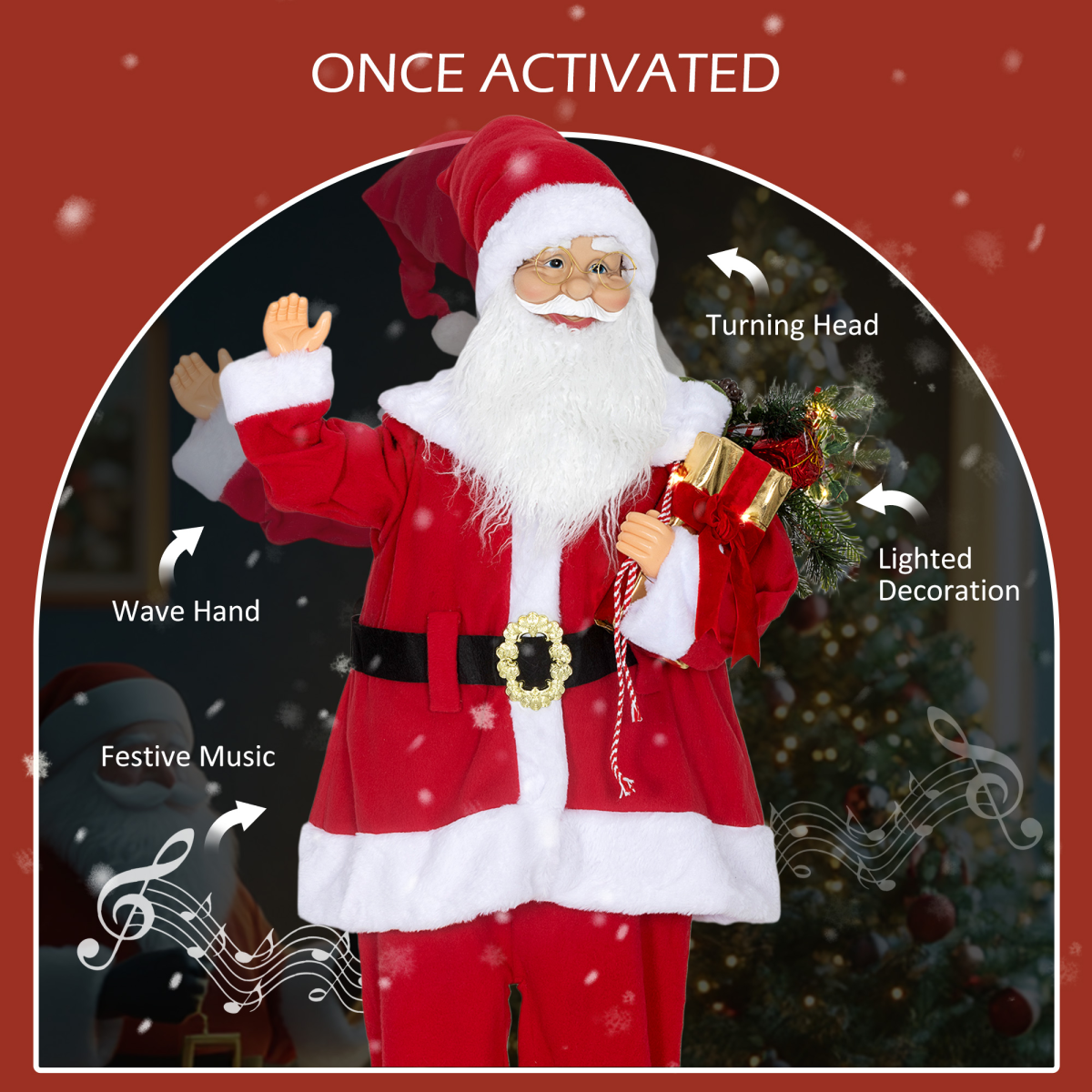 HOMCOM Life Size Animated Santa Claus with Sound Activation and LED Lights – Christmas Party Decoration, Red