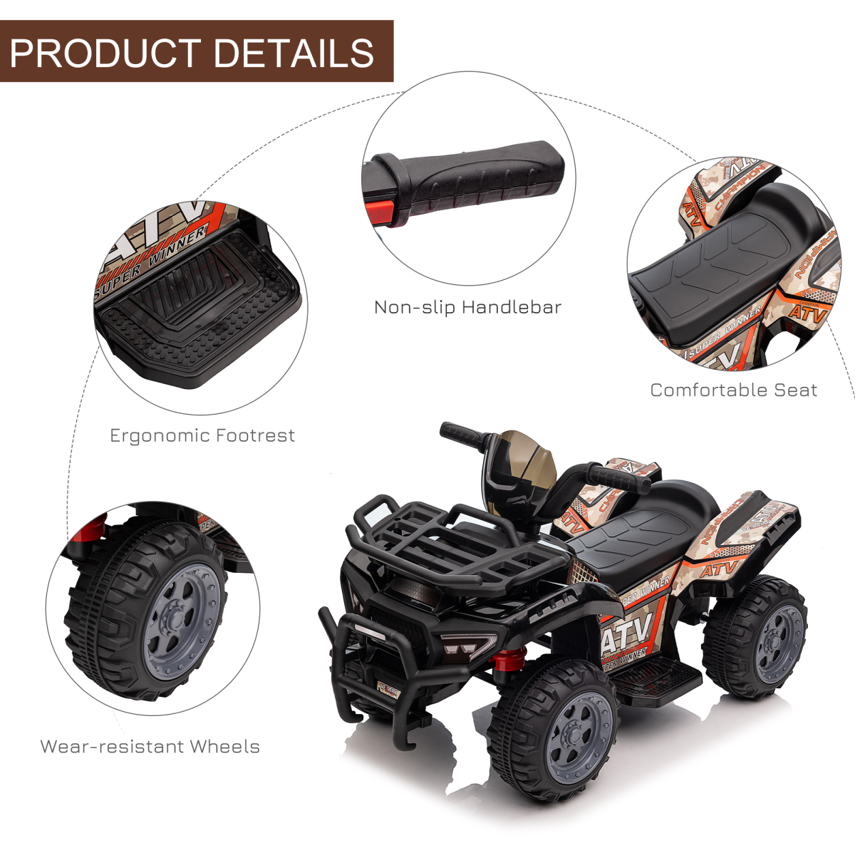 Kids Ride-On Four Wheeler ATV with Music and Large Tyres – Electric Quad for Ages 18-36 Months, Black