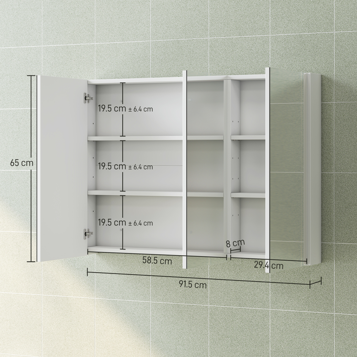 HOMCOM Wall-Mounted Bathroom Mirror Cabinet with 3 Mirrored Doors & 4 Adjustable Shelves – Storage, White