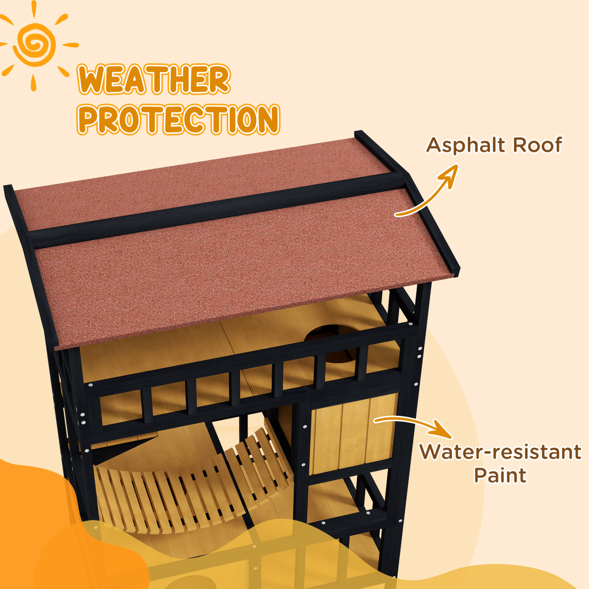 PawHut Outdoor Wooden Cat House with Suspension Bridge, Two Lounges and Sun Decks – Weather-Resistant Shelter, Yellow, Black and Red