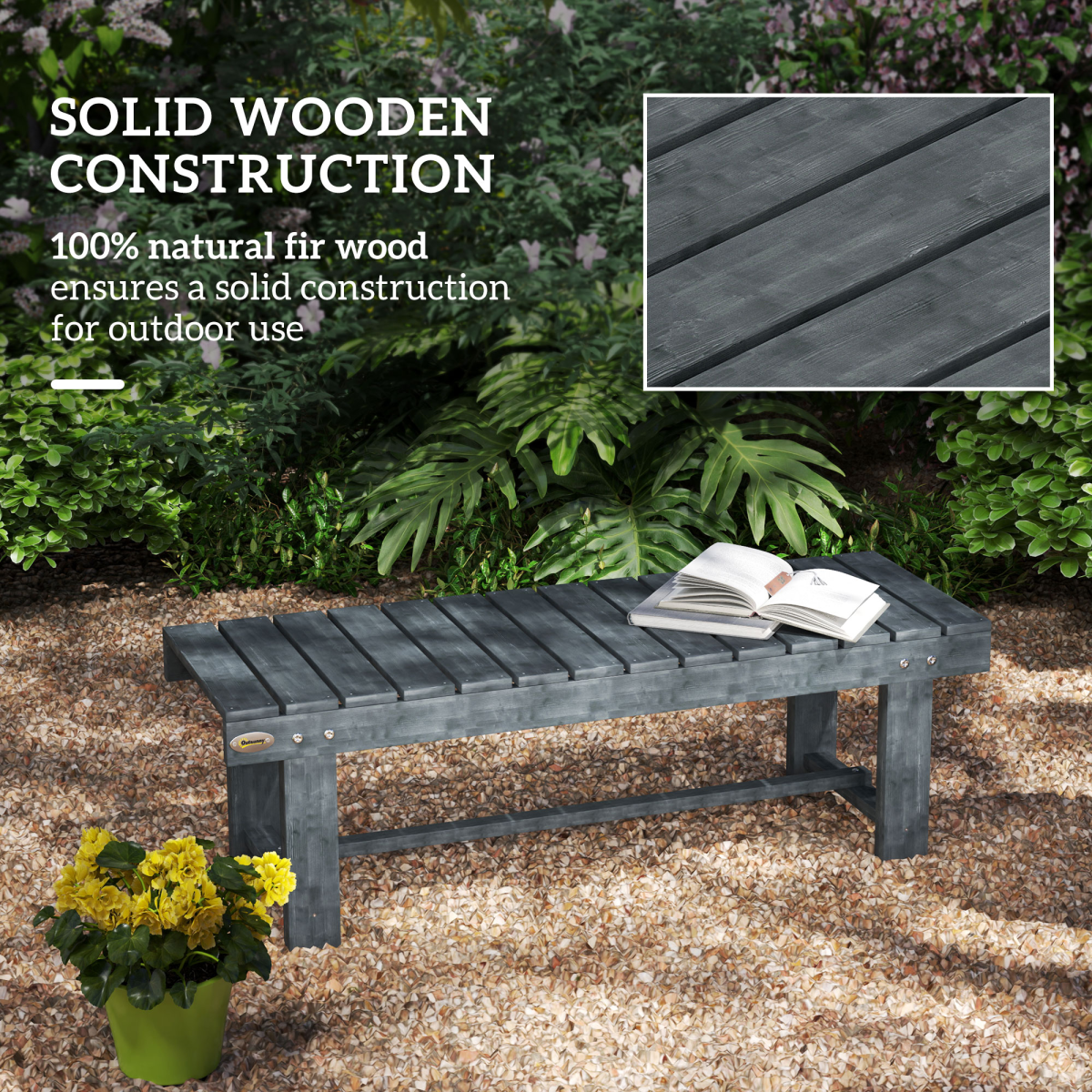 Outsunny 1.1m Outdoor Garden Bench for 2 People – Solid Fir Wood Patio Loveseat with Foot Bar, Grey